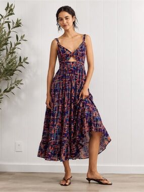 Spaghetti-Strap Maxi Dress Cutout in Blue & Coral Tier summer vacation dress